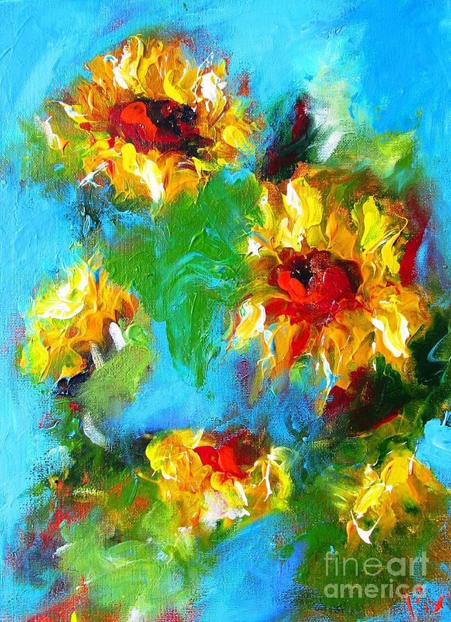 Paintings Of Sunflowers On Blue  Painting by Mary Cahalan Lee - aka PIXI