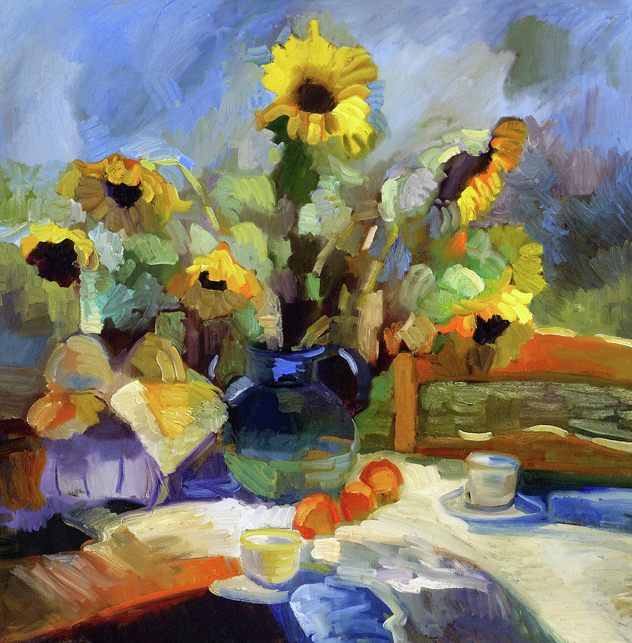 Napa Painting - Sunflowers on Blue Sky by Sally Rosenbaum