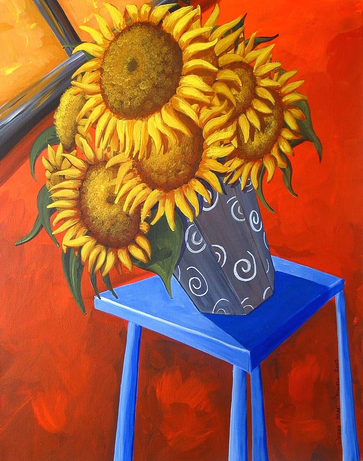 Sunflowers On Blue Table Painting by Debbie Criswell