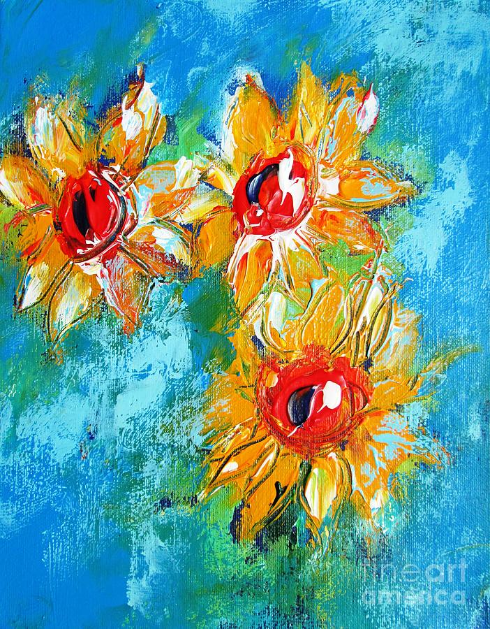 Sunflowers On Denim Paintings Painting by Mary Cahalan Lee - aka PIXI