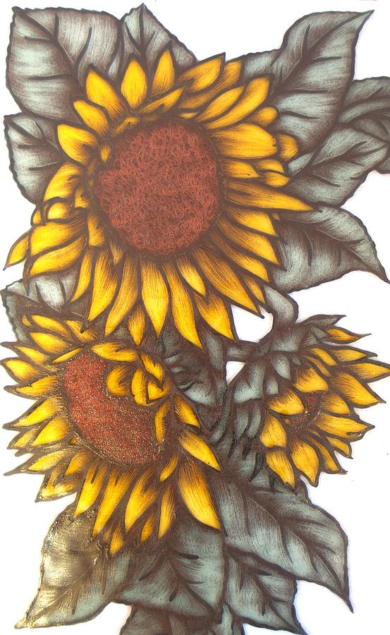 Sunflowers on glass Glass Art by Justyna Pastuszka