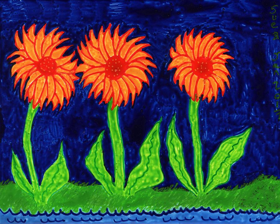 Sunflowers Painting - Sunflowers on Indigo by Sushila Burgess Sunflowers Painting - Sunflowers on Indigo by Sushila Burgess