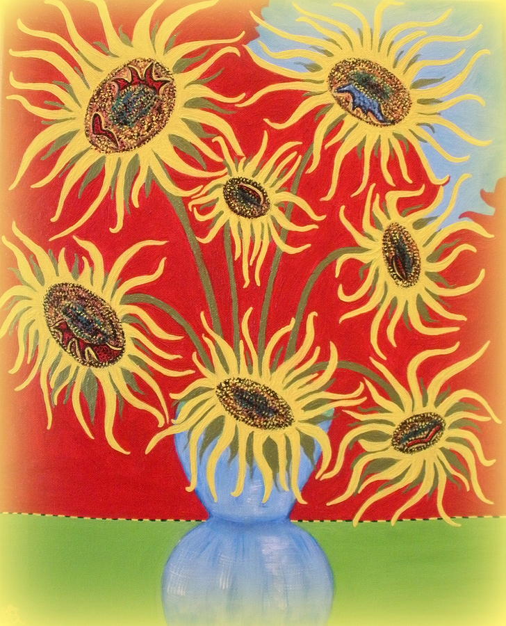 Birthday Gift Painting - Sunflowers on Red by Marie Schwarzer
