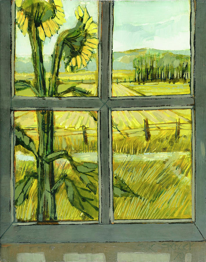 Sunflowers out the window Painting by Steve Spencer