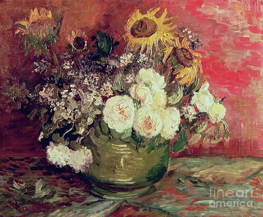 Sunflowers, Roses and other Flowers in a Bowl, 1886  Painting by Vincent Van Gogh