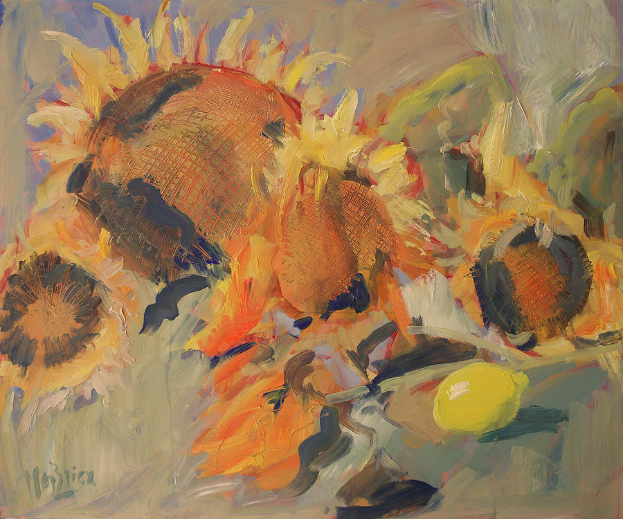 Sunflowers with lemon Painting by Nop Briex