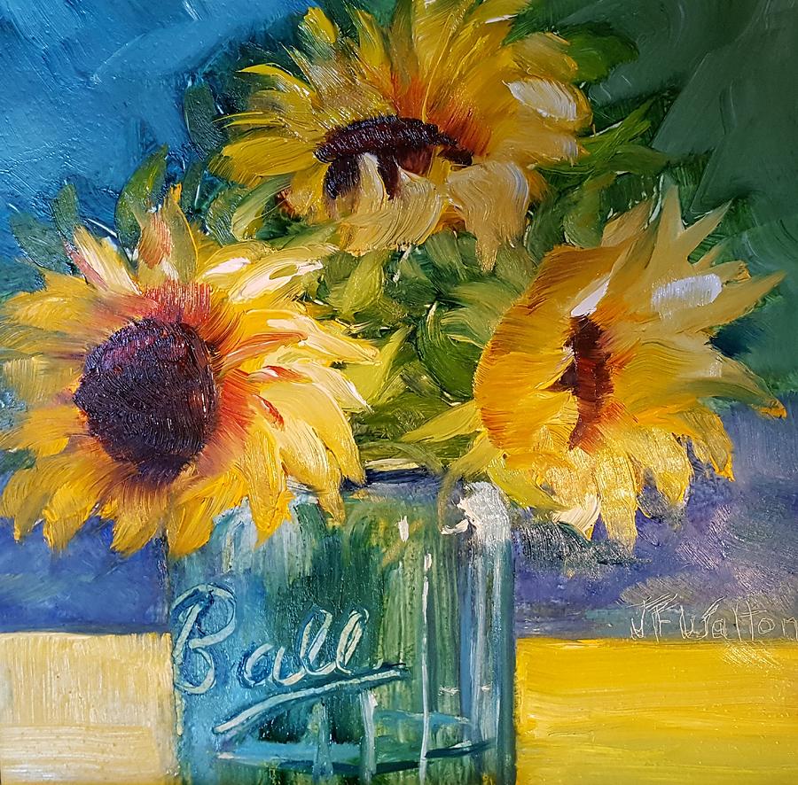 Sunfowers/Blue Ball jar Painting by Judy Fischer Walton