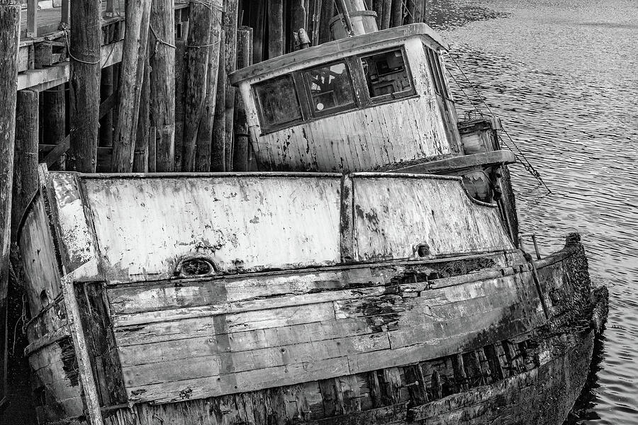 Boat Photograph - Sunken Boat In Noyo Harbor B and W II by Bill Gallagher