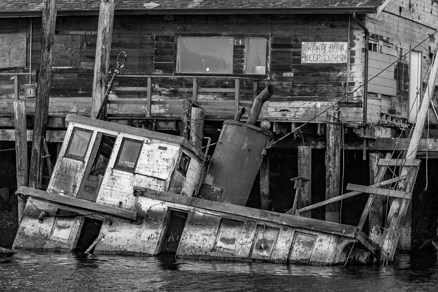 Sunken Boat In Noyo Harbor In Black And White Photograph
