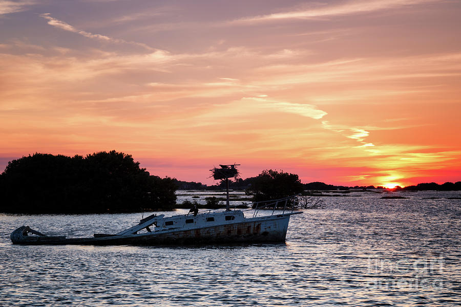 Sunken Boat Sunset, Cedar Key, Florida Photograph by Dawna Moore Photography