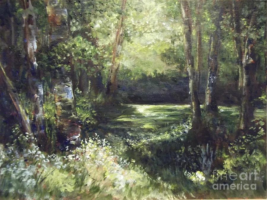 Sunlight Clearing In The Woods Painting by Lizzy Forrester