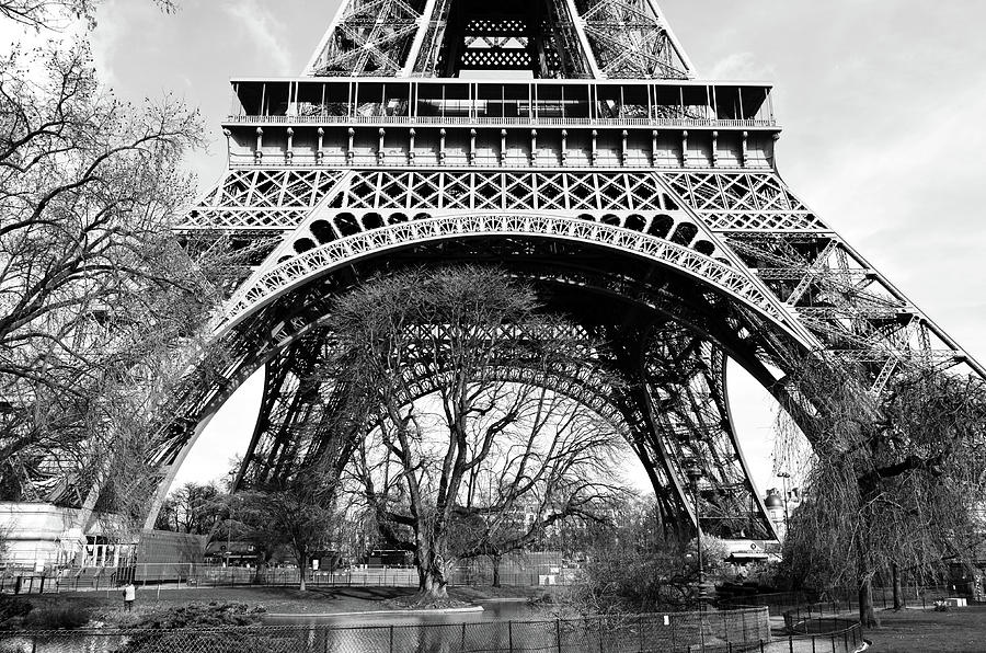 Sunlit Base and First Floor the Eiffel Tower in Early Springtime Paris France Black and White Photograph by Shawn OBrien