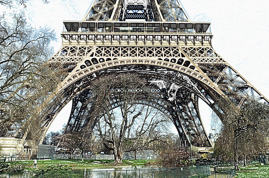 Sunlit Base and First Floor the Eiffel Tower in Early Springtime Paris France Colored Pencil Digital Digital Art by Shawn OBrien