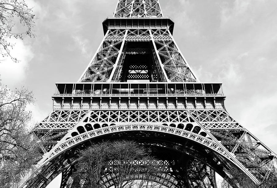 Sunlit Eiffel Tower First and Second Floors Paris France Black and White Photograph by Shawn OBrien