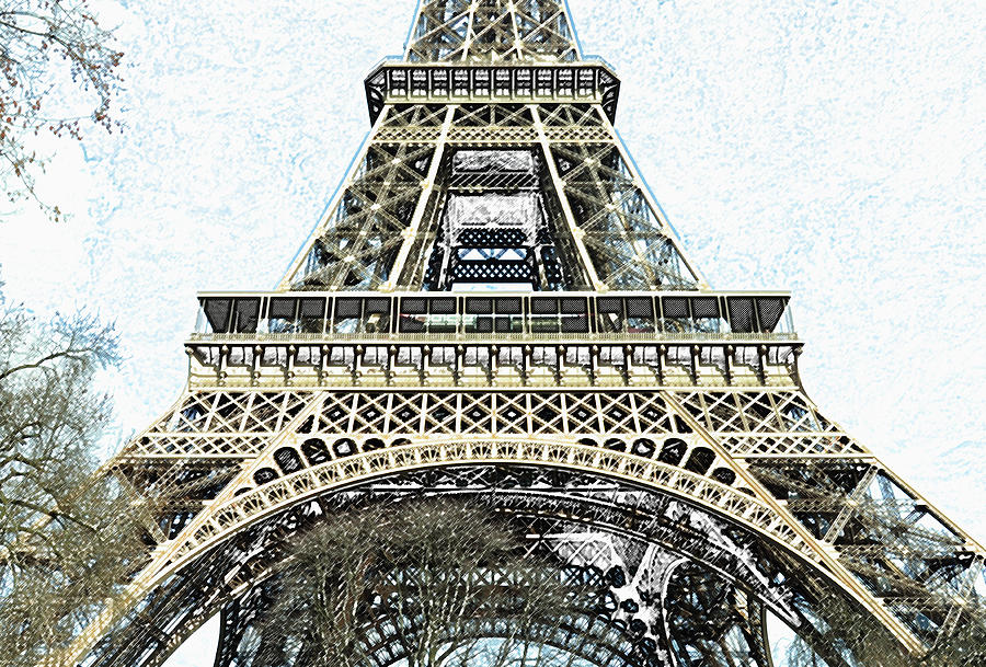 Sunlit Eiffel Tower First and Second Floors Paris France Colored Pencil Digital Art Digital Art by Shawn OBrien