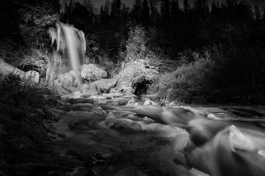 Sunlit Moraine Falls, Monochrome Photograph by Jakub Sisak