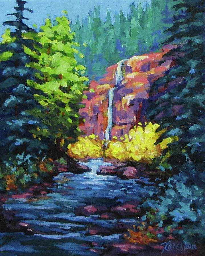 Sunlit Waterfall Painting by Karen Ilari
