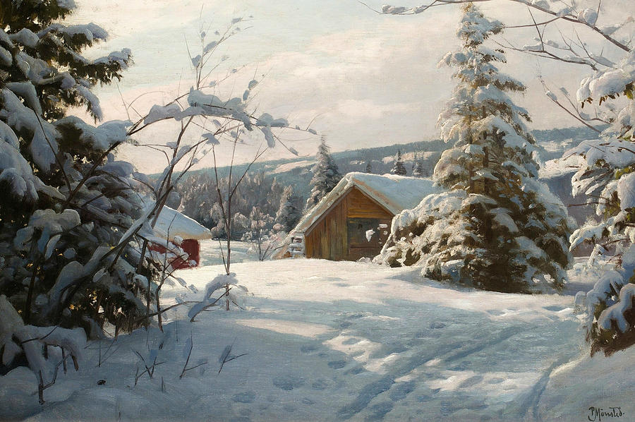 Sunlit winter landscape Painting by Peder Monsted