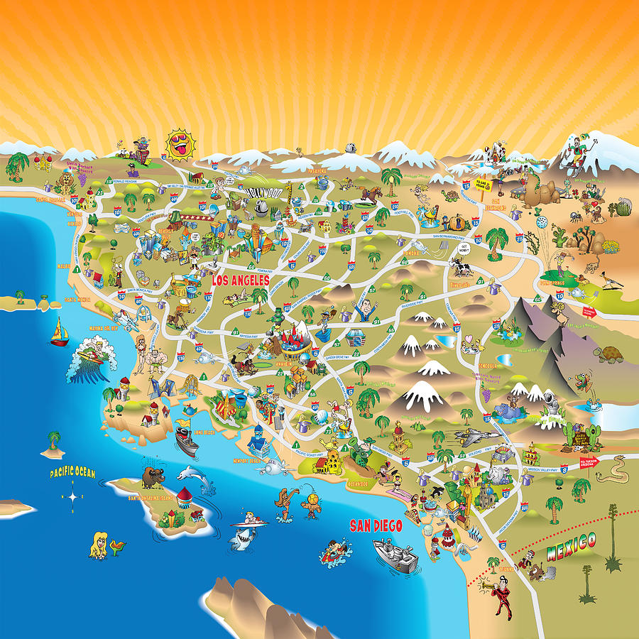 Sunny Cartoon Map Of Southern California Drawing by Dave Stephens