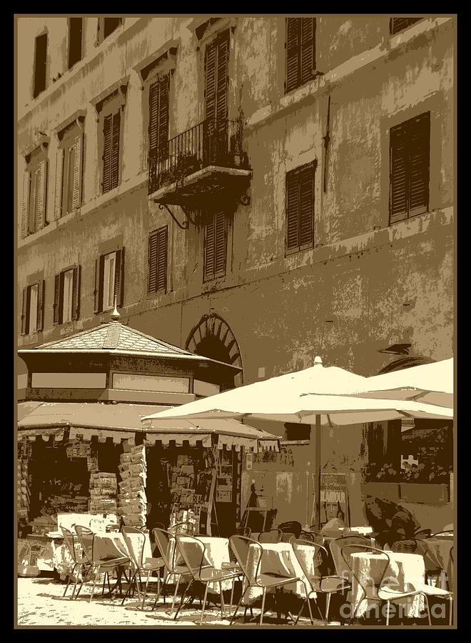 Umbrella Photograph - Sunny Italian Cafe - Sepia by Carol Groenen