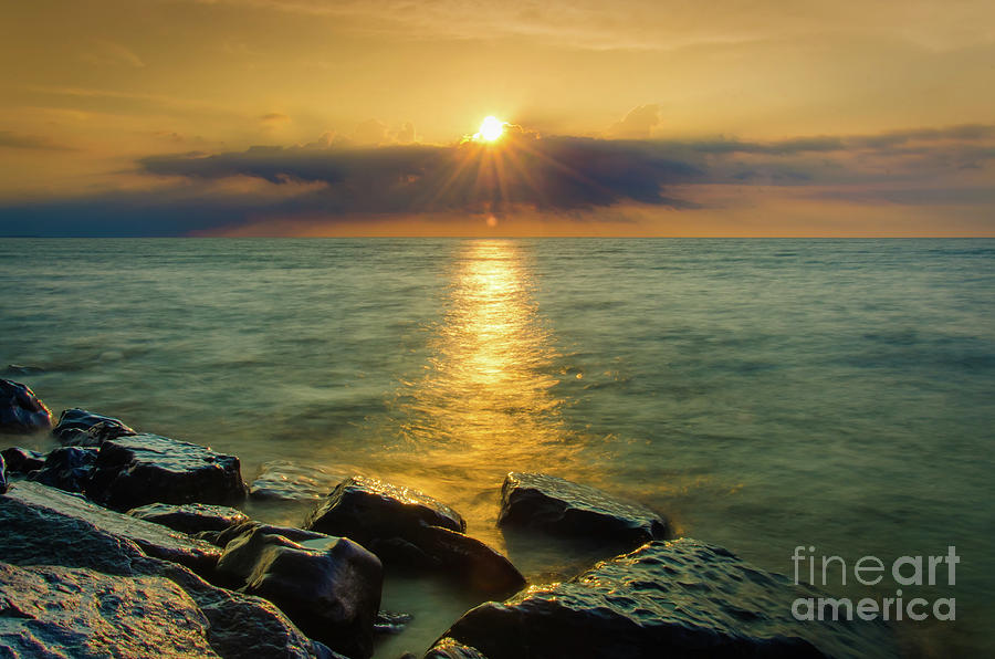 Sun Ray on Water Coastal Sunset Landscape Photograph by PIPA Fine Art - Simply Solid