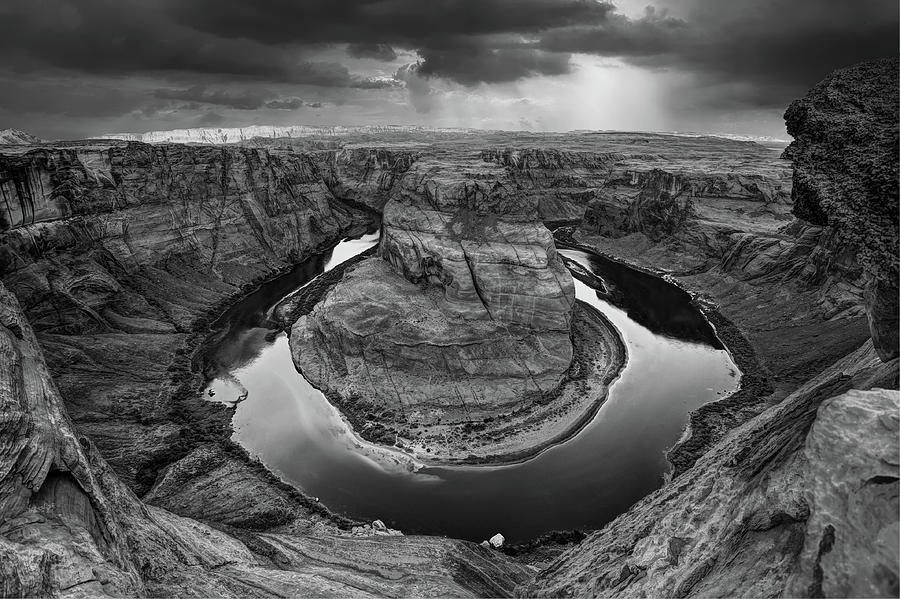Sunrays Over Horseshoe Bend in Black and White Photograph by Gregory Ballos