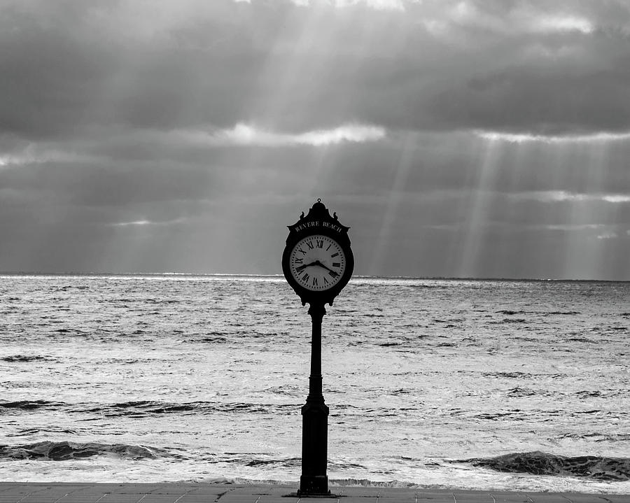 Sunrays over the Revere Beach Clock Black and White Photograph by Toby McGuire