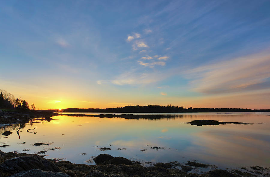 Sunrise across Hornbarn Cove and Back River near Friendship Maine Photograph by Juergen Roth