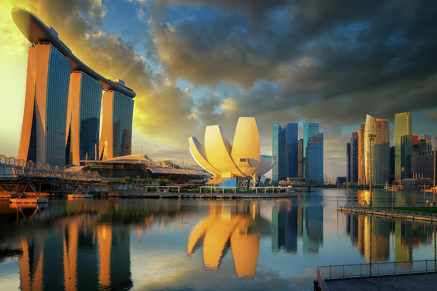 Sunrise and bridge in Singapore City with panorama view Photograph by Anek Suwannaphoom