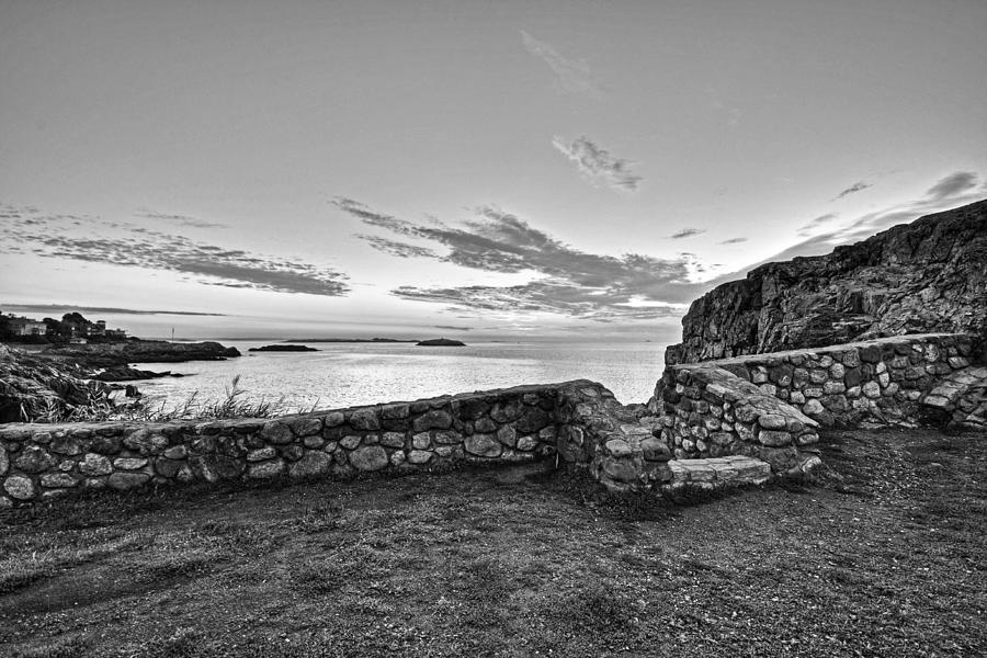 Sunrise at Castle Rock Marblehead MA Rocky Coast Black and White Photograph by Toby McGuire