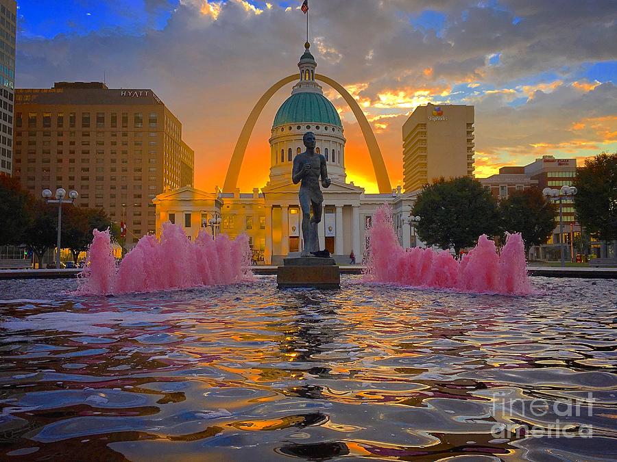 Sunrise at Kiener with Arch and pink fountain Photograph by Debbie Fenelon