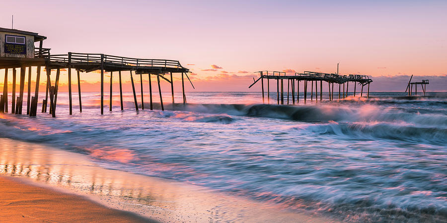 Sunrise at OBX Frisco Pier Panorama Photograph by Ranjay Mitra