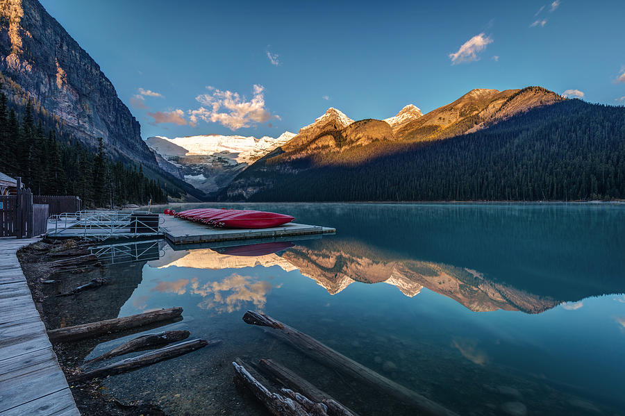 Sunrise at the Canoe Shack of Lake Louise Photograph by Pierre Leclerc Photography