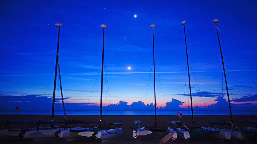 Sunrise Catamarans Moon Planets Photograph by Lawrence S Richardson Jr