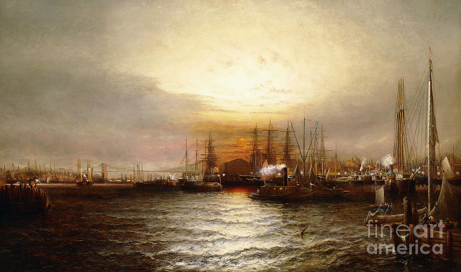 Sunrise from Chapman Dock and Old Brooklyn Navy Yard, East River, New York Painting by Elisha Taylor Baker