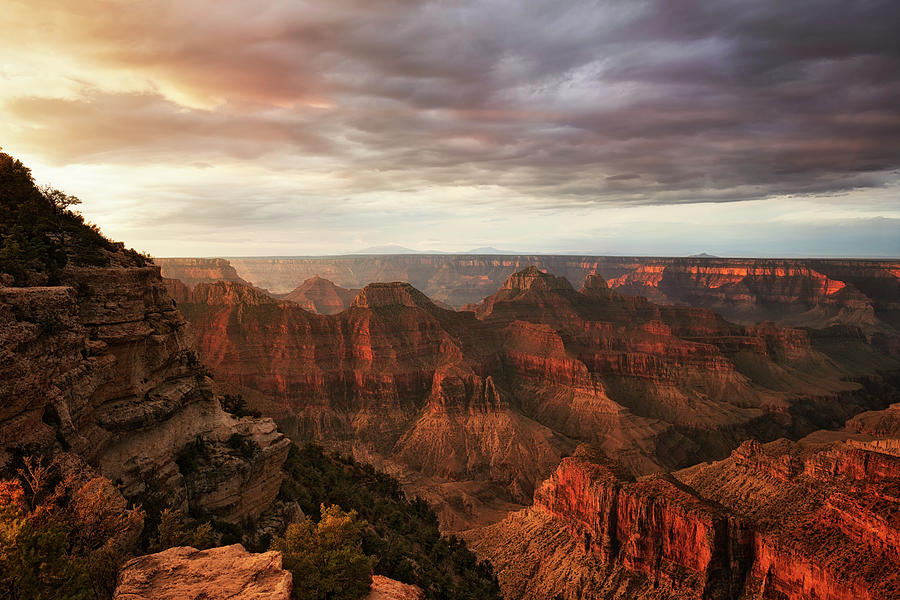 Sunrise glow on the North Rim of Arizona's Grand Canyon National Park ...