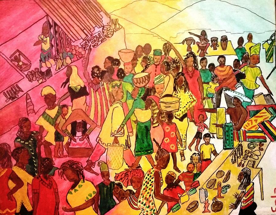 Sunrise Market Painting by Sala Adenike