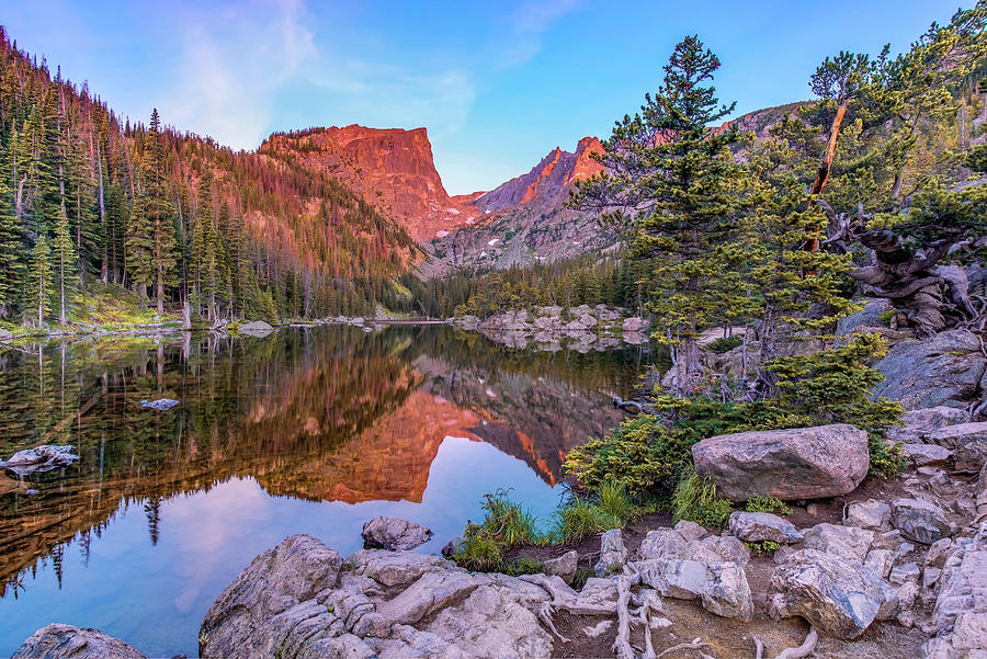 National Parks Photograph - Sunrise on Hallet Peak - Dream Lake - Rocky Mountain National Park by Gregory Ballos