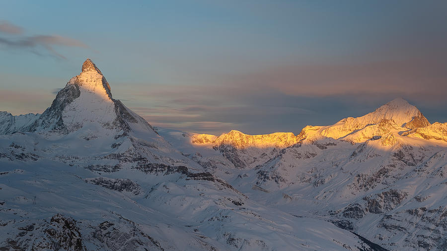 Sunrise on Matterhorn Cervino with Dent Blanche Photograph by Brenda Jacobs
