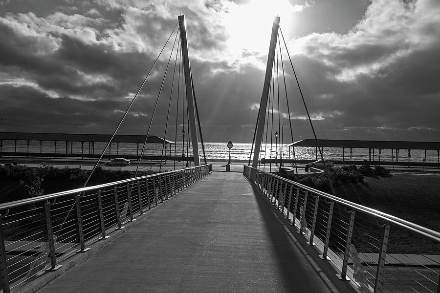 Sunrise on Revere Beach Revere MA Bridge Sunrays Black and White Photograph by Toby McGuire