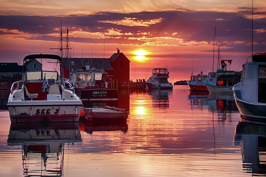 Sunrise on Rockports inner harbor Photograph by Jeff Folger