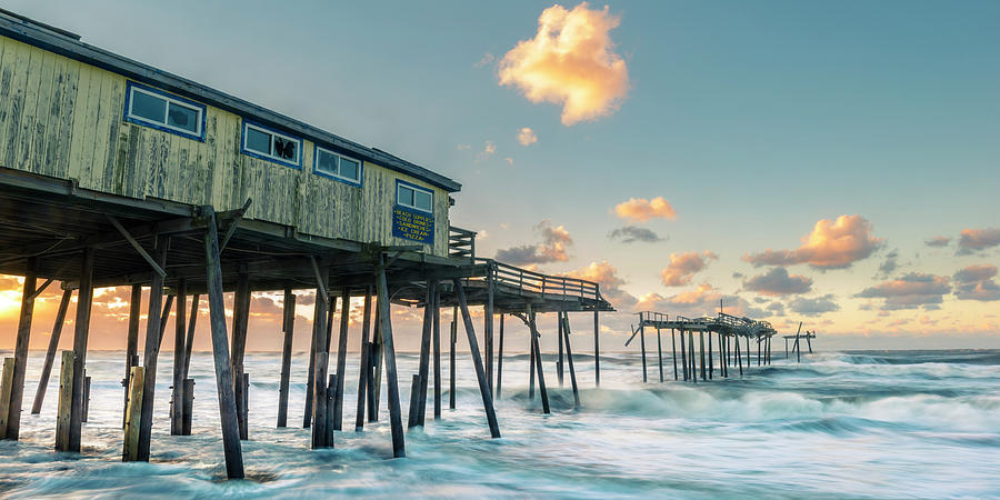 Pier Photograph - Sunrise over a Broken Fishing Pier on the Atlantic Coast in Outer Banks Panorama by Ranjay Mitra