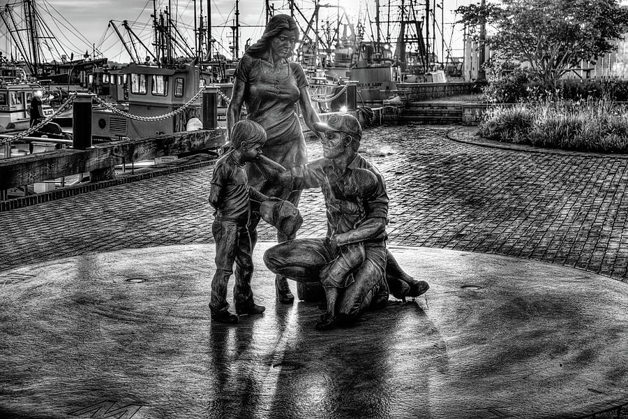 Black And White Photograph - Sunrise over Fishermens Tribute Memorial  by John Hoey
