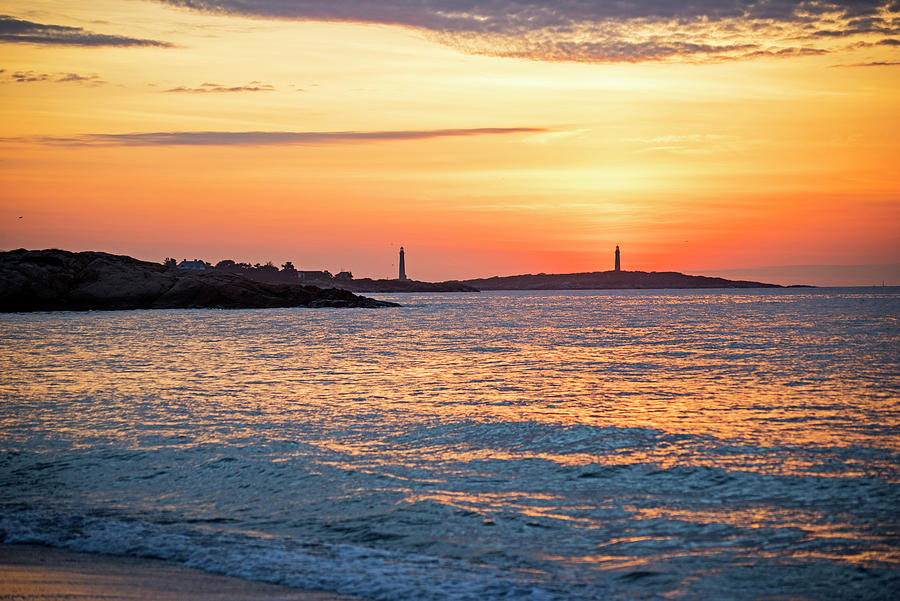 Sunrise over Thacher Island from Long Beach in Rockport MA Golden Sunrise Photograph by Toby McGuire