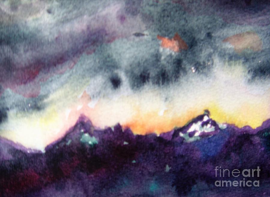 Sunrise over the jagged crag with alien sky Painting by Angela Cartner