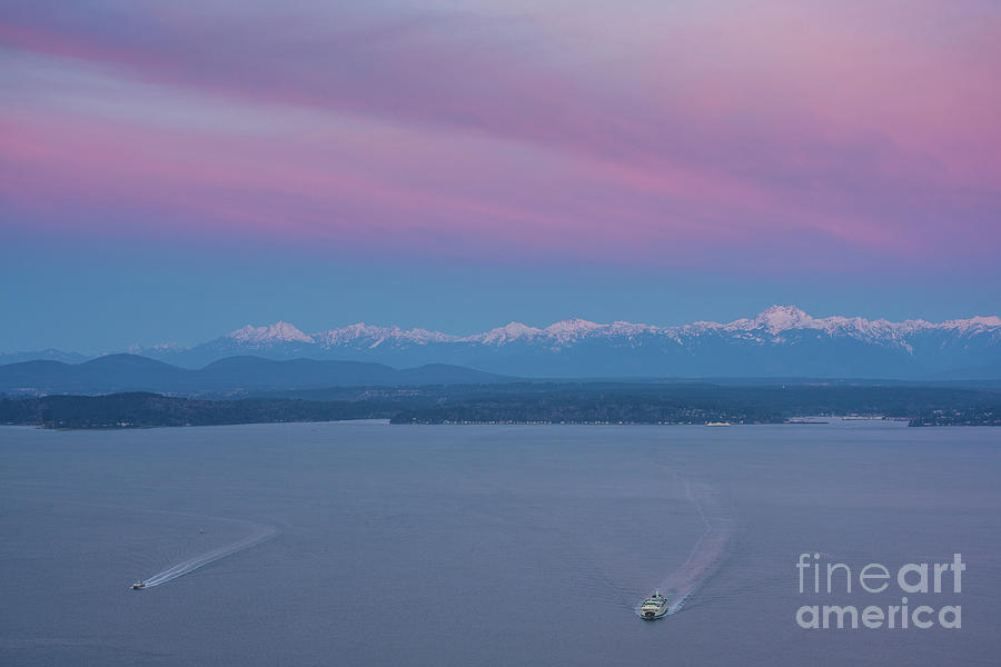 Sunrise Over the Olympics and Ferries to Seattle Photograph by Mike Reid