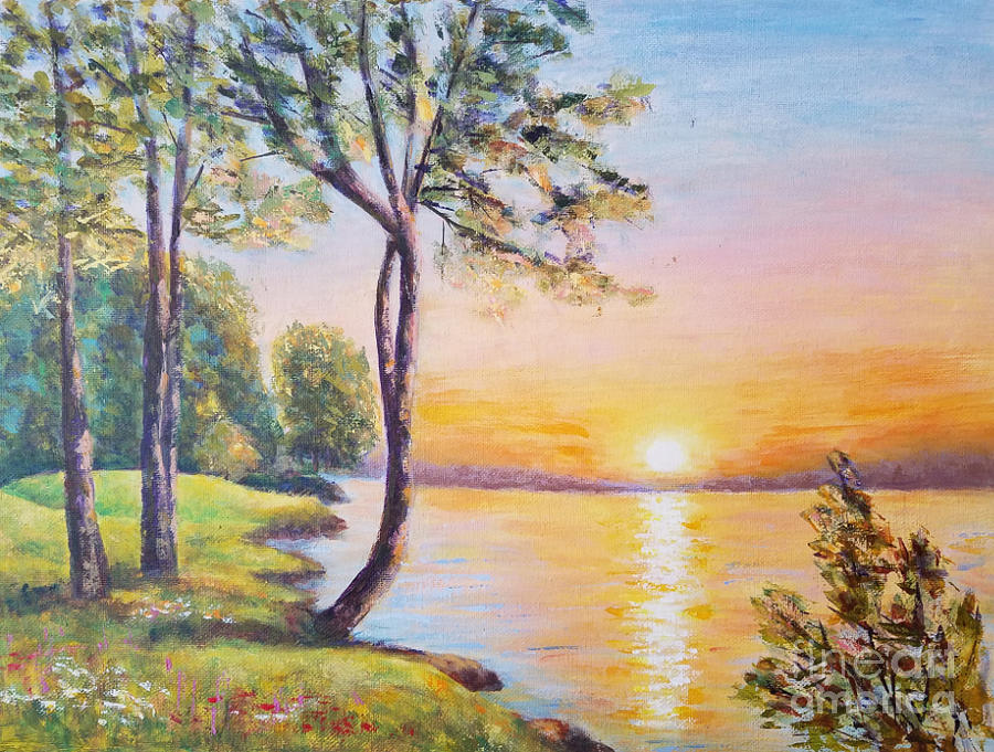Sunrise over the river Painting by Olga Malamud-Pavlovich