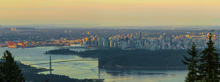 Sunrise over Vancouver BC and Stanley Park Panorama Photograph by David Gn