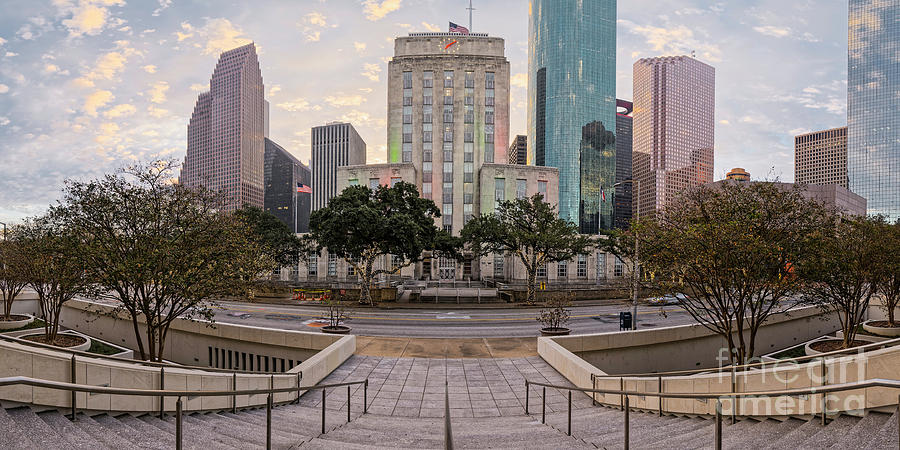 Sunrise Panorama of Downtown Houston and City Hall - Bagby Street Houston Texas Harris County Photograph by Silvio Ligutti