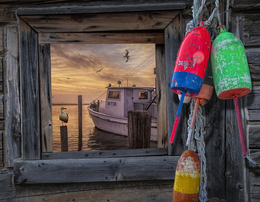 Sunrise Photograph of Boat with Gulls and Fishing Buoys Photograph by Randall Nyhof